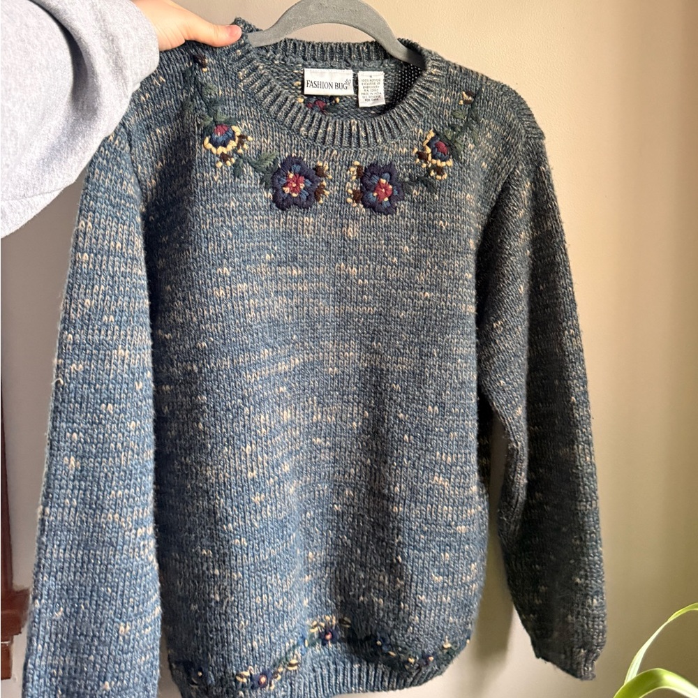 Fashion Bug Blue Flecked Crewneck Sweater with Embroidered Flowers